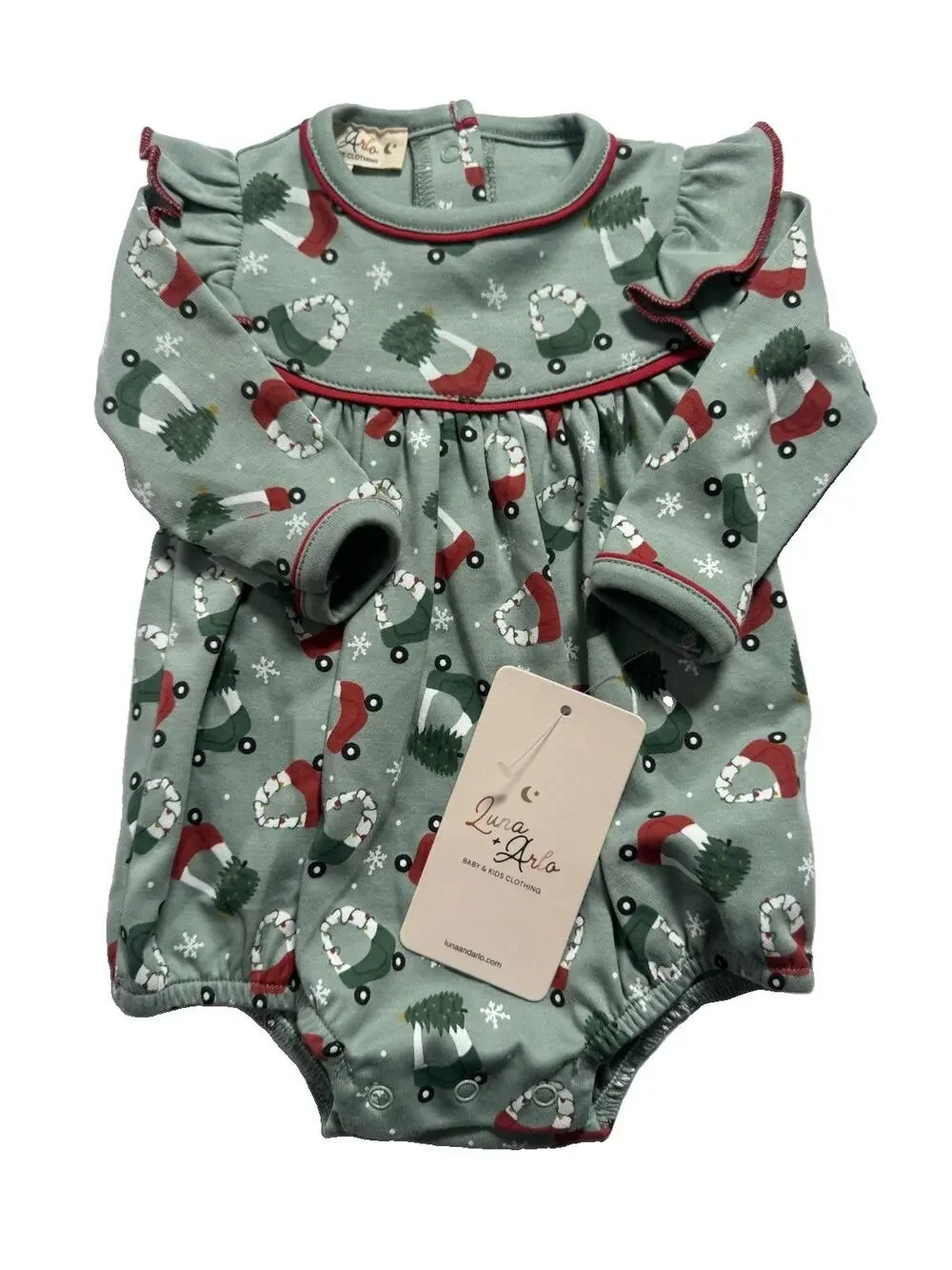 Luna + Arla NB Christmas Gnome Romper Bubble Sage Green Newborn NWT Bamboo